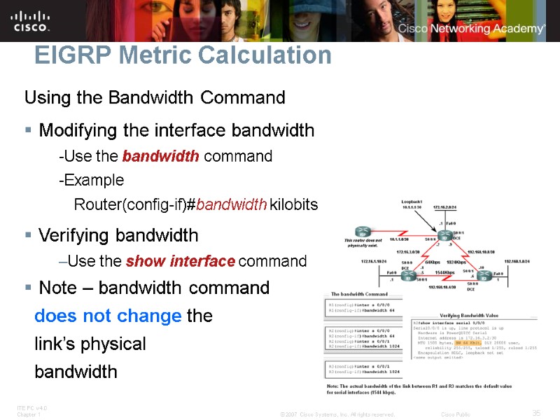 EIGRP Metric Calculation Using the Bandwidth Command Modifying the interface bandwidth -Use the bandwidth